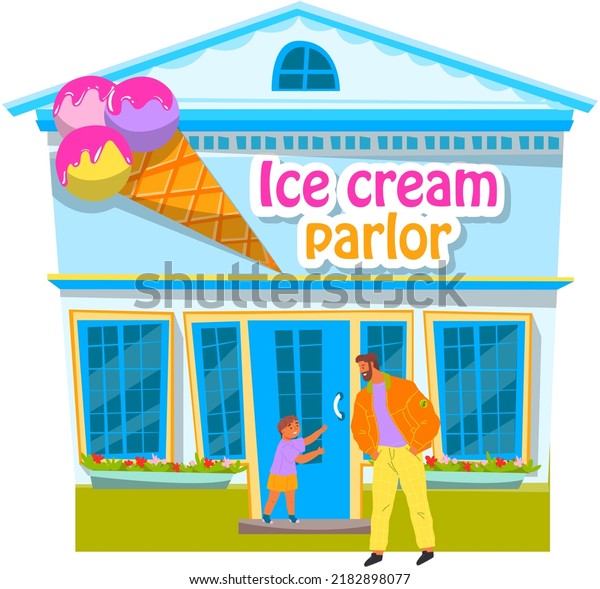 Ice-cream parlor building on city street. Dad\
walks with child on weekend, buys him ice cream. Father spends time\
with his son together treats him with frozen sweet food in cafe or\
restaurant