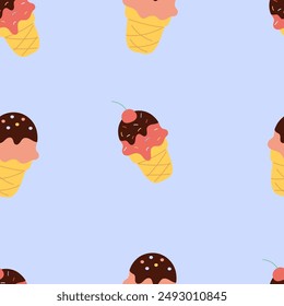 Patrón de helado. Fondo inconsútil, bolas de helado en conos. Dulce deliciosa comida de verano, diseño de textura. Impresión repetible sin fin para el textil, la tela, el envoltorio. Ilustración vectorial plana imprimible