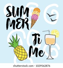Ice-cream, pineapple, juice with a slice of lemon. Vector illustration on the summer theme and inscription summer time.