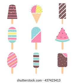 Ice-cream and Popsicle on Sticks. Vector Set