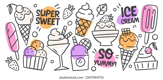 Refresco de helado de verano postres dulces congelados doodle dibujado a mano boceto gráfico aislado conjunto. Cono de waffle coloreado, jugo de fruta fresco, sundae, Ilustración vectorial de refrigerio de piruleta de azúcar de vainilla