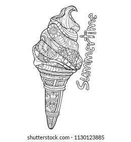 Ice-cream scoop in floral zentangle style and inscription summertime. Adult colouring book page.