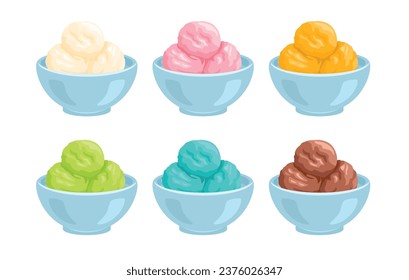 Cunas de helado en tazón. Bolas de chocolate, vainilla, fresa, menta, naranja, pistachos y helados de arándano. Conjunto de ilustraciones planas vectoriales de dibujos animados. Hijos de frutas con blanco