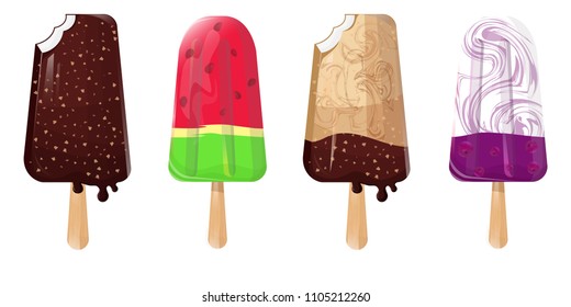 icecream scoops on white background.Ice cream icons of frozen.Caramel eskimo or chocolate glaze sundae with nuts.Ice-cream and fruit ice.