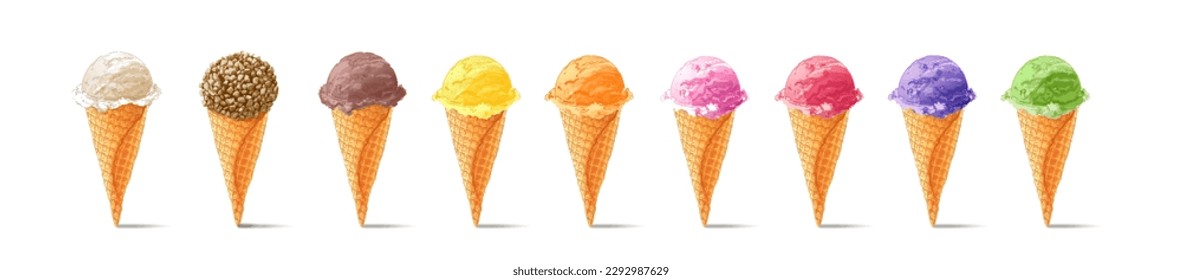 ice-cream scoops in waffle cones with assorted balls of vanilla, blueberries, berries, lavender, strawberry,  chocolate. Isolated illustration.  Set of watercolor various vector ice-cream