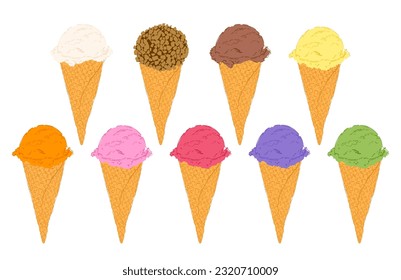 ice-cream scoops in waffle cones with assorted balls of vanilla, blueberries, berries, lavender, strawberry,  chocolate. Isolated illustration.  Set of watercolor various vector ice-cream