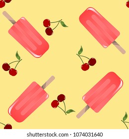  ice-cream seamless background pattern with cherry for summer print. Vector illustration.