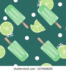  ice-cream seamless background pattern with limes and white dots for summer print. Vector illustration.