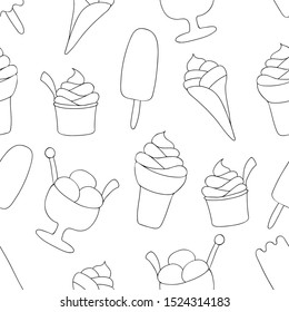 Ice-cream seamless pattern. Black Line on white background. Summer food. Vector illustration. Sweet Frozen Desserts. Design for wrapping paper, fabric print, wallpaper.