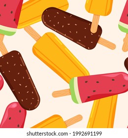 Ice-cream seamless pattern. Chocolate, orange and watermelon ice cream frozen juice. Summer banner template. Vector illustration in trendy flat style