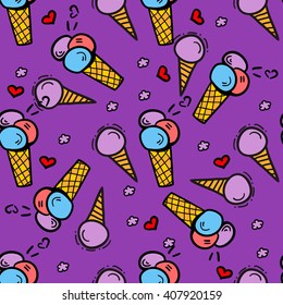 Ice-cream seamless pattern. Ice-cream hand-drawn doodle pattern on colorful background. Vector illustration for web, mobile and print.