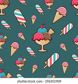 Ice-cream seamless pattern on dark background. Vector illustration.