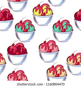 Icecream seamless pattern. A set of different ice cream in a white stroke with a dotted line in a cartoon style.