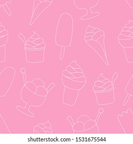 Ice-cream seamless pattern. White Line on pink background. Summer food. Vector illustration. Sweet Frozen Desserts. Design for wrapping paper, fabric print, wallpaper. 