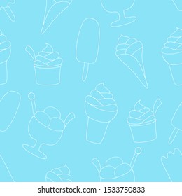 Ice-cream seamless pattern. White Line on blue background. Summer food. Vector illustration. Sweet Frozen Desserts. Design for wrapping paper, fabric print, wallpaper.