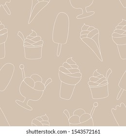 Ice-cream seamless pattern. White Line on beige background. Summer food. Vector illustration. Sweet Frozen Desserts. Design for wrapping paper, fabric print, wallpaper.
