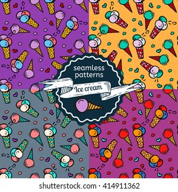 Ice-cream seamless patterns set. Ice-cream hand-drawn doodle patterns on colorful background. Vector illustration for web, mobile and print.
