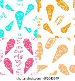Ice-cream seamless patterns set with lettering in hand drawn style for print, fabric and creative design. Vector illustration