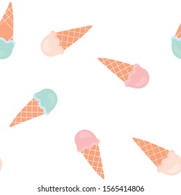 Ice-cream seamless vector pattern, ice-cream cone, pink and mint, on white background