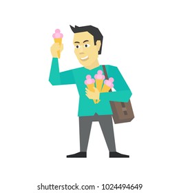 Ice-cream seller business man. Good offer suggestion. Flat color vector illustration stock clipart.