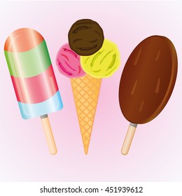 Ice-cream set, collection ice cream on light pink background