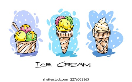 Ice-cream. Set of different flavours and types. In a paper cup, waffle cone, vanilla or with fruity flavour. Hand drawn sketch. Isolated white background. Vector illustration