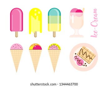 Ice-Cream set vector. Popsicles, waffle cone, dessert with ice-cream. Isolated flat illustration