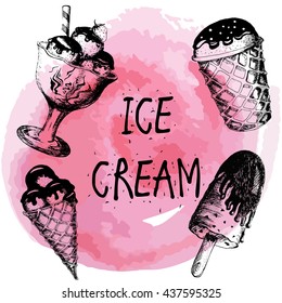 ice-cream. set of vector sketches. hand drawn sketch style. cone an c. On pink watercolor background