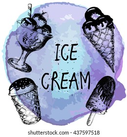 ice-cream. set of vector sketches. hand drawn sketch style. cone an chocolate. on lavender watercolor background