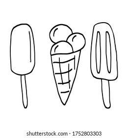 Ice-cream. Set of vector sketches. Vector illustration. Vector illustration on white background. For cards, posters, stickers  and professional design, for printed matter.