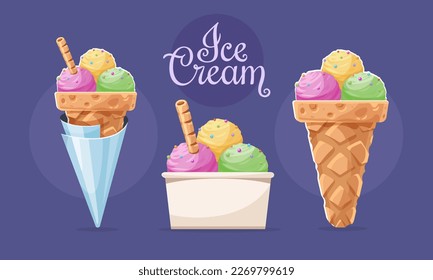 Crema de helado en cono de gofre y taza de papel con bolas de diferentes sabores. Postre dulce y fresco. Diseño de fondo morado. Ilustración del vector