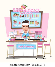 ice-cream shop with Design Elements. Flat style illustration. Vector Illustration