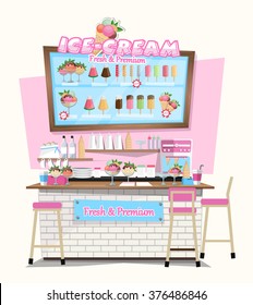 ice-cream shop with Design Elements. Flat style illustration. Vector Illustration