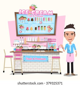 ice-cream shop with Design Elements. Flat style illustration. Vector Illustration