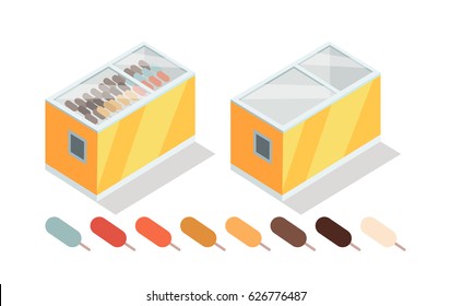 Ice-cream in shop freezer isometric vector illustration. Eskimo on stick on supermarket fridge 3d model isolated on white background. Full and empty groceries refrigerator isometry for game, app, icon