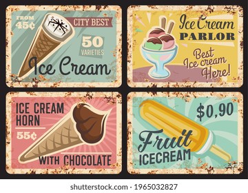 La tienda de helados tiene ricas placas de metal. Cafetería de comida rápida, salón o gelatería cartón vectorial, caramelos congelados platos retro con helado de chocolate en cono de gofre, bolas de gelato y zumo de fruta congelado