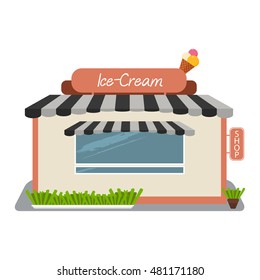 Ice-cream shop, street store building facade. Small building with roof and grass. You can simply change text on signboard. Vector illustration