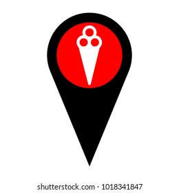 Ice-cream sign. Eat sign. Vector. Flat white icon in red circle at black marker on white background. Isolated.