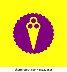 Ice-cream sign. Eat sign. Vector. Violet label with hole as icon on yellow background.