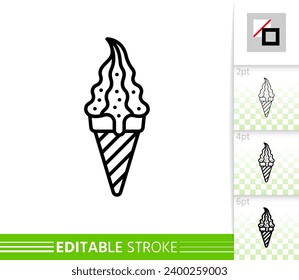 Icecream single sign. Wafer cone ice cream black line icon. fruit, vanilla or shocolate with nut waffle horn whipped cream sweet dessert. Close vector illustration isolated on white