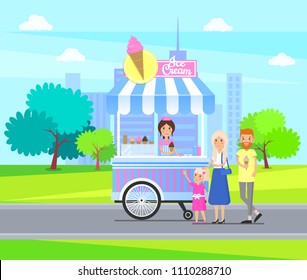 Ice-cream stall street in city park, seller service for family consisting of mother, father and daughter, peoples meal enjoyment vector illustration