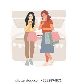 Ice-cream store isolated cartoon vector illustration. Eating ice-cream, having leisure time, teenage friends mood in summer, standing and holding shopping bags, trendy woman vector cartoon.