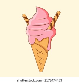 Ice-cream. Strawberry ice cream in a waffle cone with a waffle stick