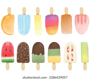 Ice-cream Summer Cute Pastel Color Icons Set. Hand drawn Digital Painting illustration. Ice-creams, fruits, food, Holiday, Travel. Summertime poster, scrapbooking element.