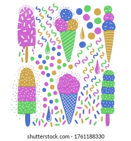 Ice-cream summer food. Bright color. Hand drawn style.Vector illustration.