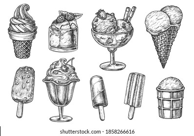 Ice-cream sweet dessert different flavor menu sketch. Hand drawn vanilla scoop in crispy waffle cone, creamy sundae in cup, lollipop, ice-pop on stick vector illustration isolated on white background