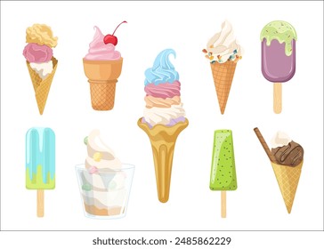 Ice-cream sweet food delicious summer cold snack of different kinds set isolated on white background