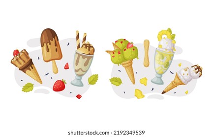 Ice-cream as Sweet Frozen Dessert Food and Snack Vector Composition Set