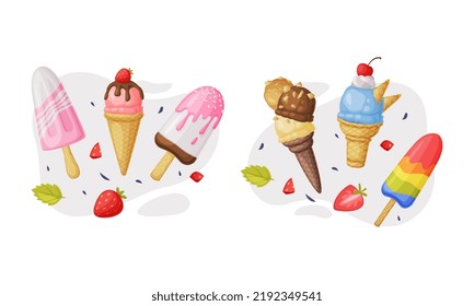 Ice-cream as Sweet Frozen Dessert Food and Snack Vector Composition Set