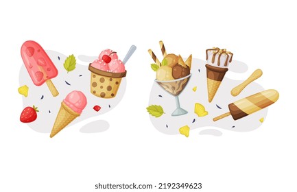 Ice-cream as Sweet Frozen Dessert Food and Snack Vector Composition Set